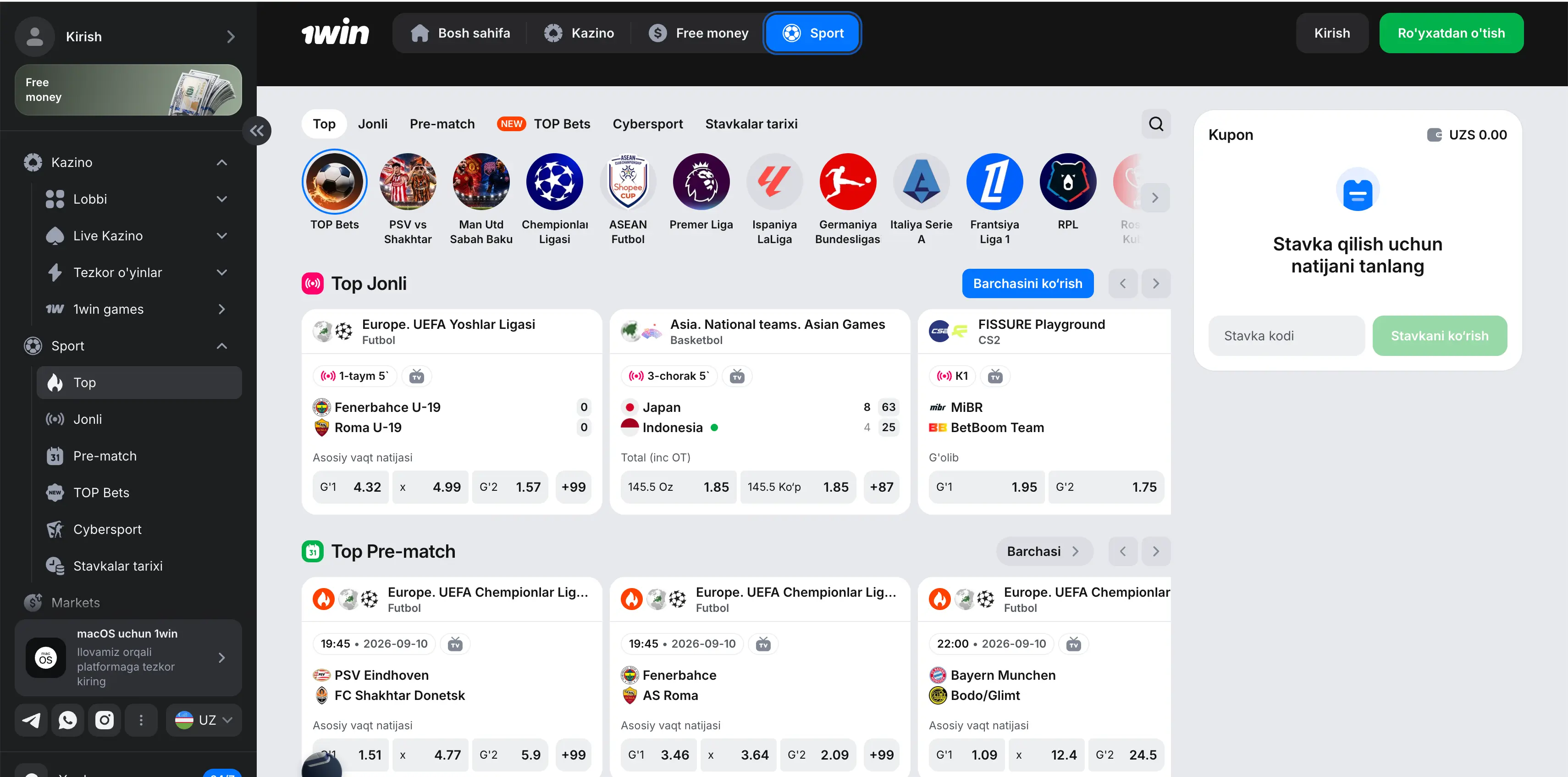 1win sport tikish bo'limi va koeffitsiyentlar